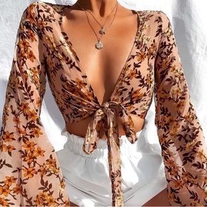 TIGER MIST VELVET FLORAL KAHLO TIE FRONT TOP